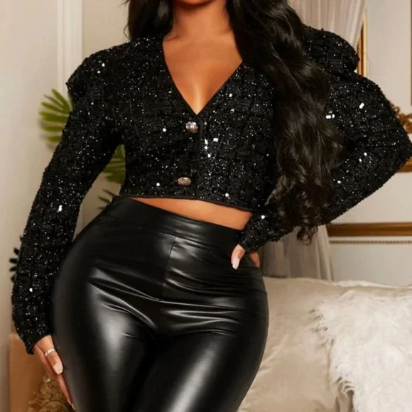crop puff sleeve black sequin jacket - Picture 4 of 6